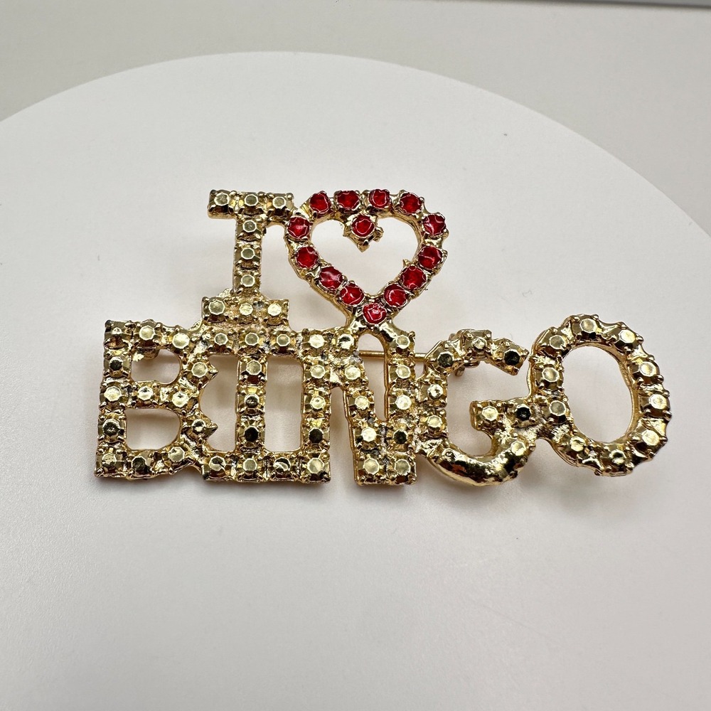 Vintage 80s "I Love Bingo" Heart Gold Tone Pin Brooch Red Rhinestone Jewelry